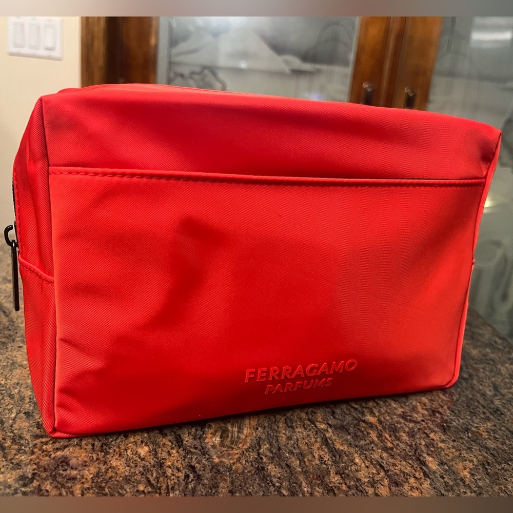 Salvatore Ferragamo Parfums Red With Black Zipper Cosmetic Pouch Travel Bag NEW!